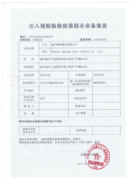 Chiny WENZHOU ZHEHENG STEEL INDUSTRY CO;LTD Certyfikaty